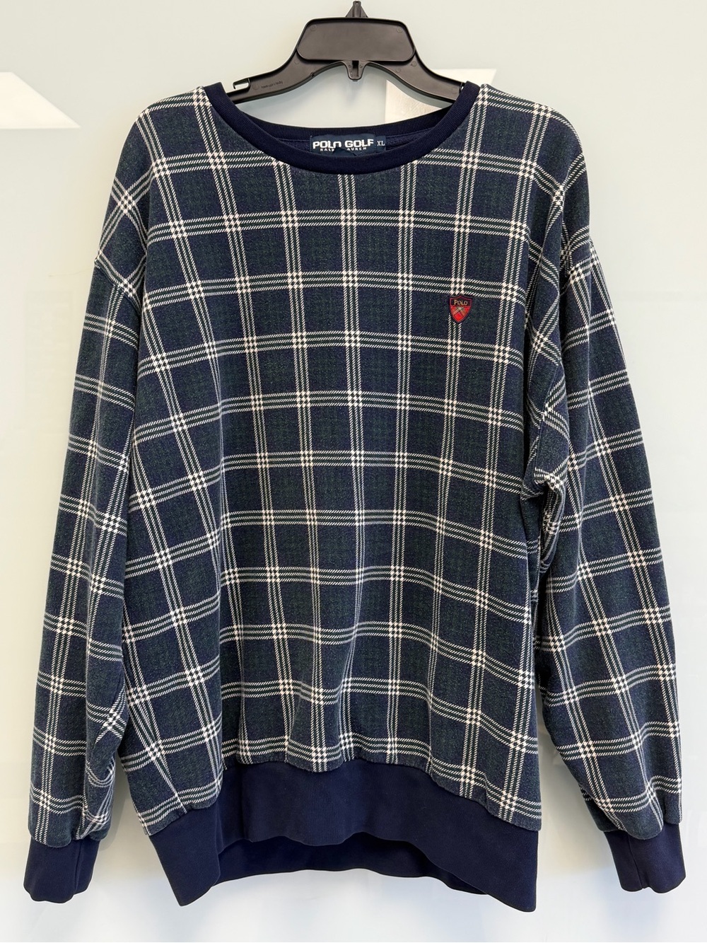 Ralph Lauren Navy Plaid Crewneck Sweater with Red Polo Heart